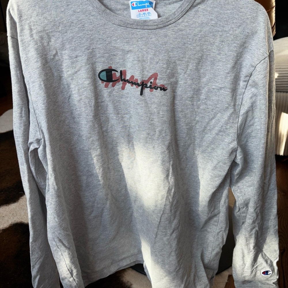 Champion Gray Graphic Long Sleeve T-Shirt (Size L)